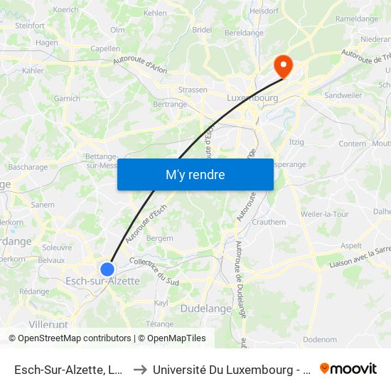 Esch-Sur-Alzette, Lallenger Kiirch to Université Du Luxembourg - Campus Kirchberg map