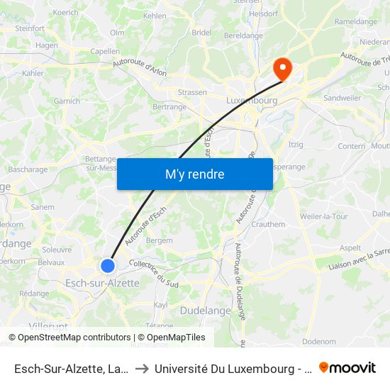 Esch-Sur-Alzette, Lallenger Schoul to Université Du Luxembourg - Campus Kirchberg map