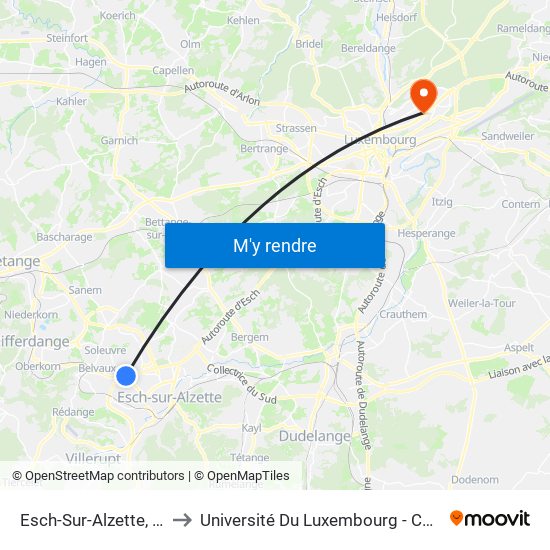 Esch-Sur-Alzette, Raemerich to Université Du Luxembourg - Campus Kirchberg map