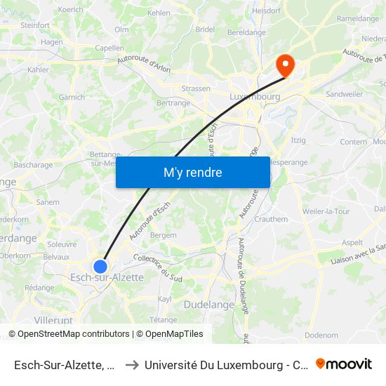 Esch-Sur-Alzette, Nonnewisen to Université Du Luxembourg - Campus Kirchberg map
