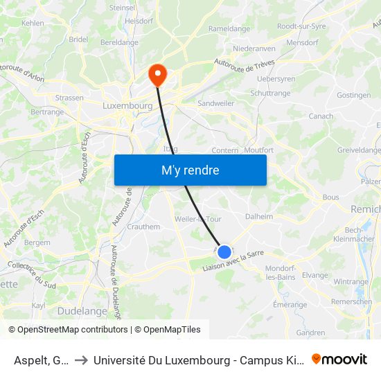Aspelt, Gare to Université Du Luxembourg - Campus Kirchberg map