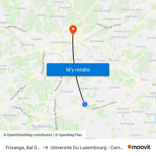 Frisange, Aal Gemeng to Université Du Luxembourg - Campus Kirchberg map