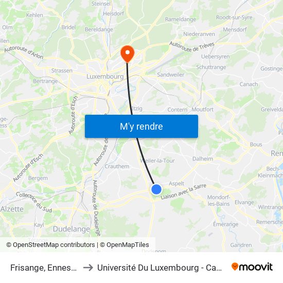 Frisange, Ennescht Duerf to Université Du Luxembourg - Campus Kirchberg map