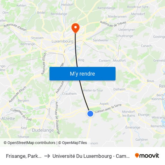 Frisange, Park & Ride to Université Du Luxembourg - Campus Kirchberg map