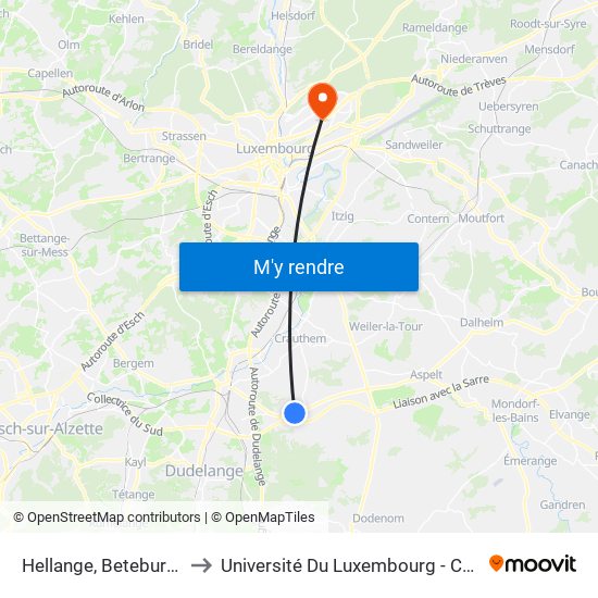 Hellange, Beteburgerstrooss to Université Du Luxembourg - Campus Kirchberg map