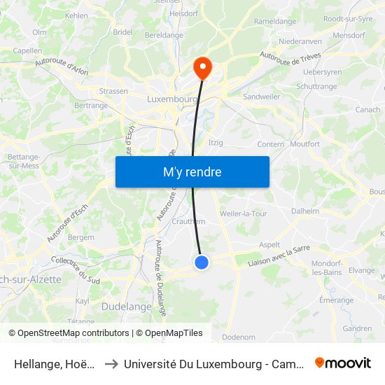 Hellange, Hoëner Halt to Université Du Luxembourg - Campus Kirchberg map