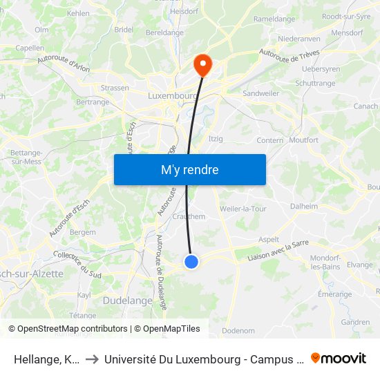 Hellange, Kiirch to Université Du Luxembourg - Campus Kirchberg map