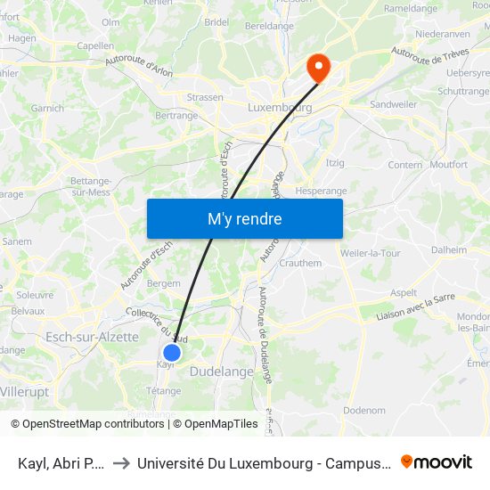 Kayl, Abri P.&Ch. to Université Du Luxembourg - Campus Kirchberg map