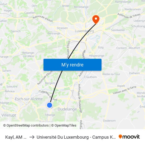 Kayl, AM Pull to Université Du Luxembourg - Campus Kirchberg map