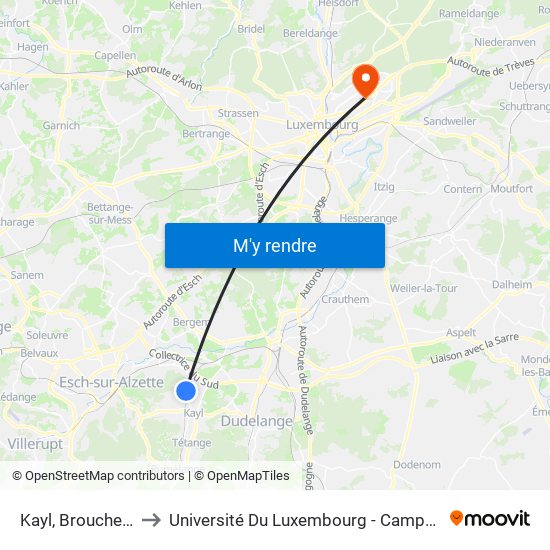 Kayl, Broucherbierg to Université Du Luxembourg - Campus Kirchberg map