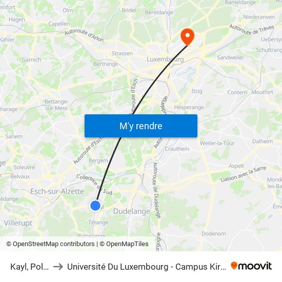 Kayl, Police to Université Du Luxembourg - Campus Kirchberg map