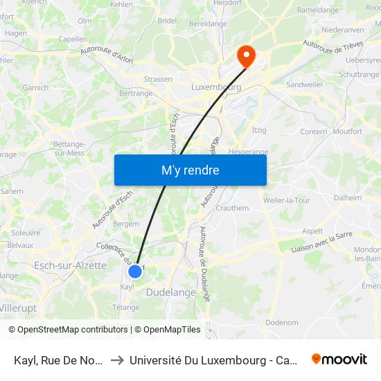 Kayl, Rue De Noertzange to Université Du Luxembourg - Campus Kirchberg map