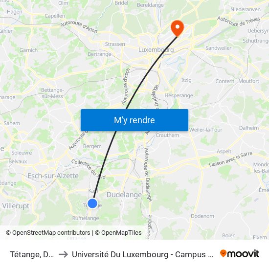 Tétange, Duerf to Université Du Luxembourg - Campus Kirchberg map