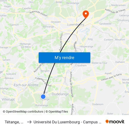 Tétange, Gare to Université Du Luxembourg - Campus Kirchberg map