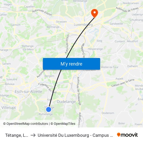 Tétange, Lorei to Université Du Luxembourg - Campus Kirchberg map