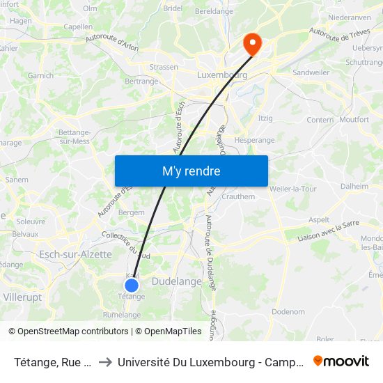 Tétange, Rue Neuve to Université Du Luxembourg - Campus Kirchberg map