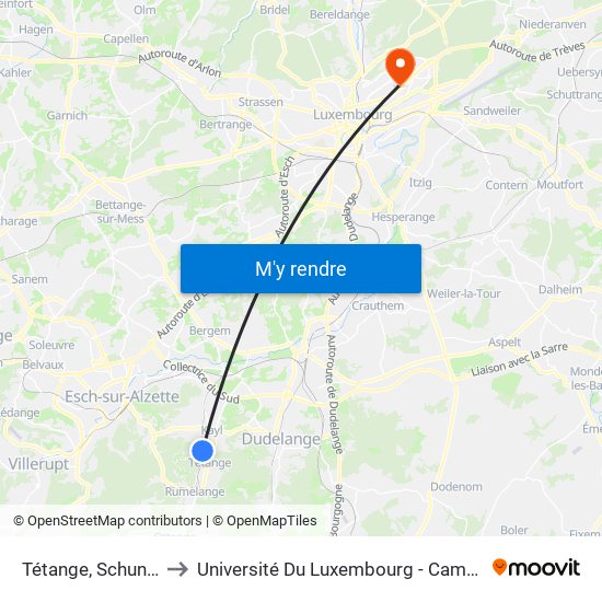 Tétange, Schungfabrik to Université Du Luxembourg - Campus Kirchberg map