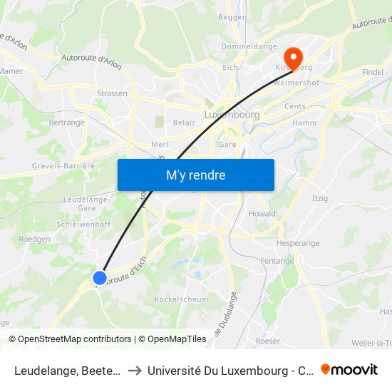 Leudelange, Beetebuergerwee to Université Du Luxembourg - Campus Kirchberg map