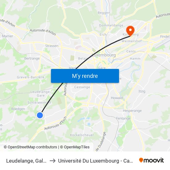 Leudelange, Galgebösch to Université Du Luxembourg - Campus Kirchberg map