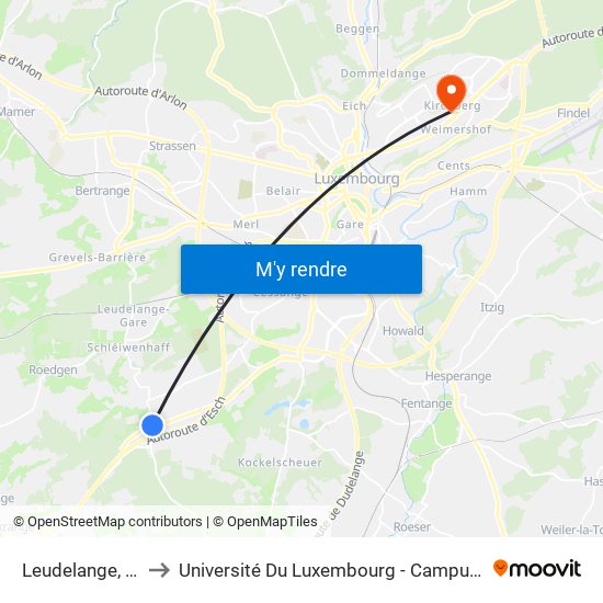 Leudelange, Gruef to Université Du Luxembourg - Campus Kirchberg map