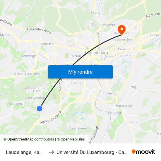 Leudelange, Kamellebierg to Université Du Luxembourg - Campus Kirchberg map