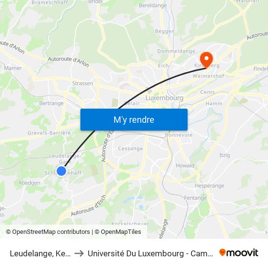 Leudelange, Ketzelach to Université Du Luxembourg - Campus Kirchberg map