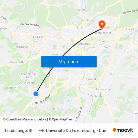 Leudelange, Stiédswee to Université Du Luxembourg - Campus Kirchberg map