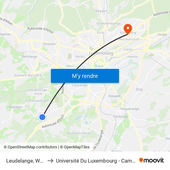 Leudelange, Wäschbur to Université Du Luxembourg - Campus Kirchberg map