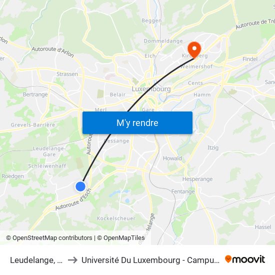 Leudelange, Foyer to Université Du Luxembourg - Campus Kirchberg map