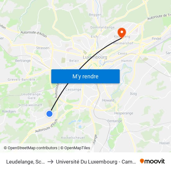 Leudelange, Schaefert to Université Du Luxembourg - Campus Kirchberg map