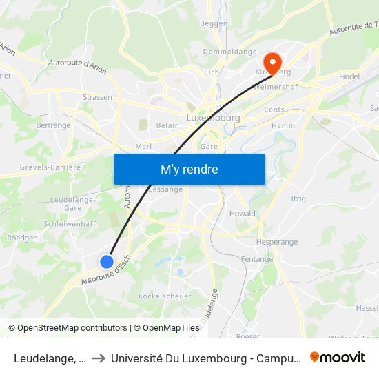 Leudelange, Lalux to Université Du Luxembourg - Campus Kirchberg map