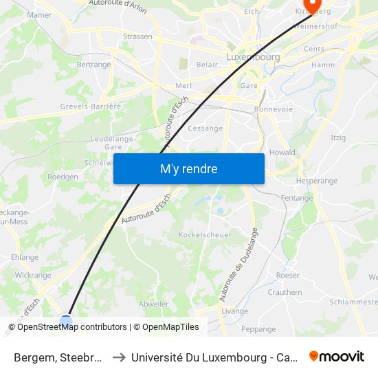 Bergem, Steebréckerwee to Université Du Luxembourg - Campus Kirchberg map