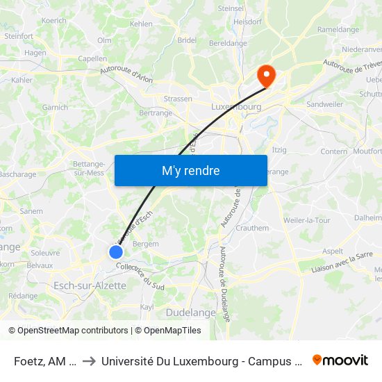 Foetz, AM Brill to Université Du Luxembourg - Campus Kirchberg map