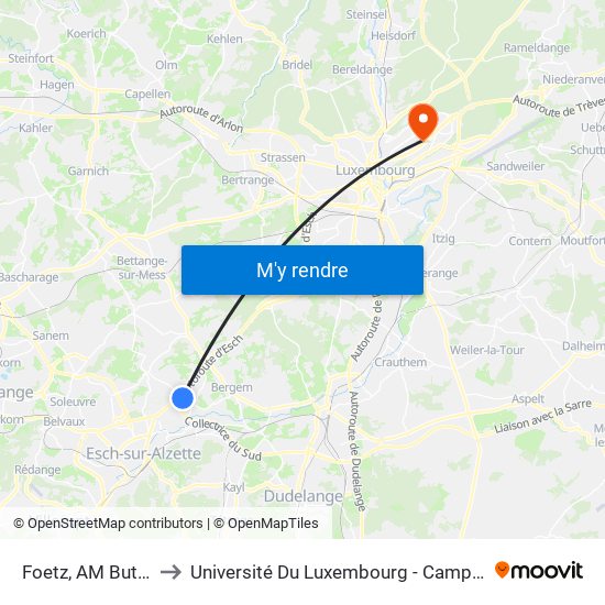 Foetz, AM Butterbrill to Université Du Luxembourg - Campus Kirchberg map