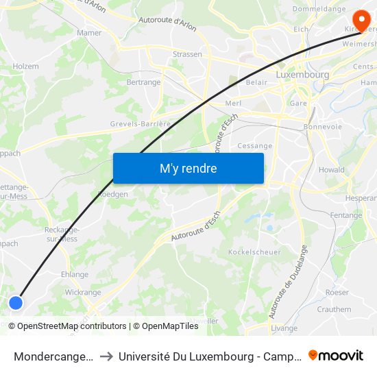 Mondercange, Blach to Université Du Luxembourg - Campus Kirchberg map