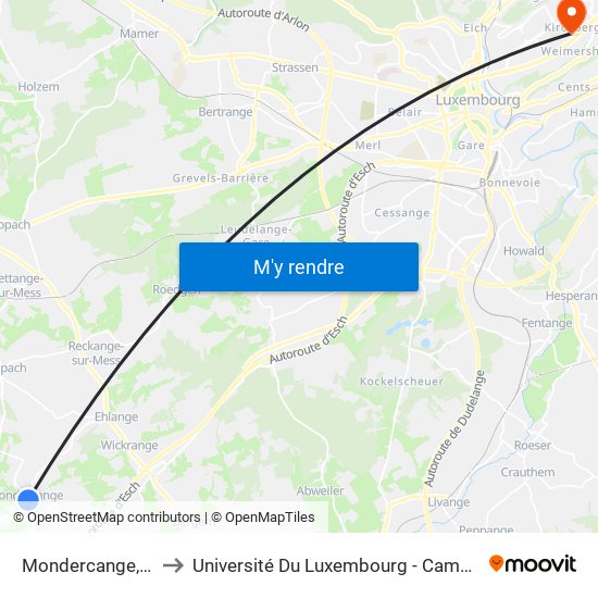 Mondercange, Centre to Université Du Luxembourg - Campus Kirchberg map