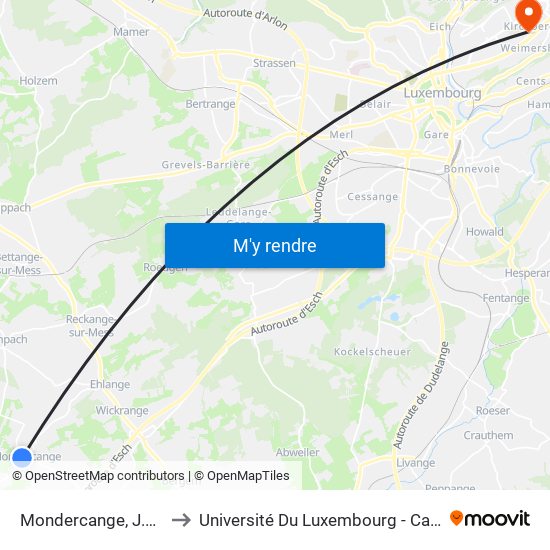 Mondercange, J.Bleser Plaz to Université Du Luxembourg - Campus Kirchberg map