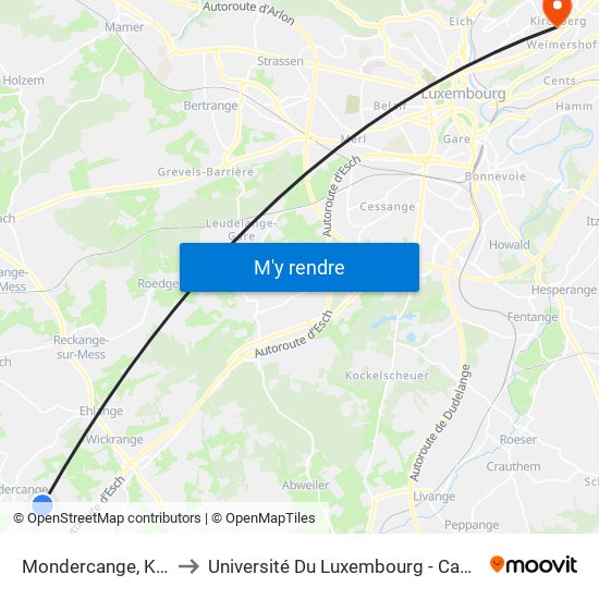Mondercange, Krombach to Université Du Luxembourg - Campus Kirchberg map