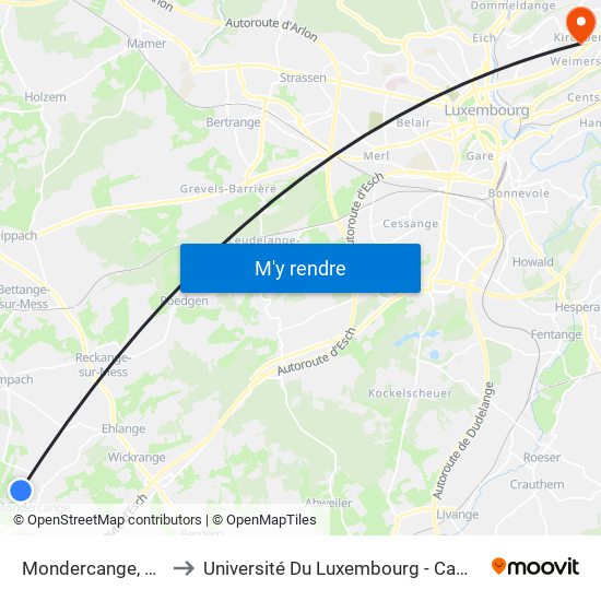 Mondercange, Kierfecht to Université Du Luxembourg - Campus Kirchberg map