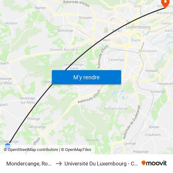 Mondercange, Rommelterhiel to Université Du Luxembourg - Campus Kirchberg map
