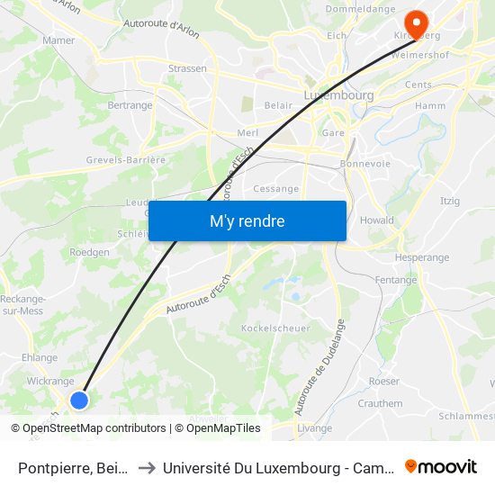 Pontpierre, Beim Kueb to Université Du Luxembourg - Campus Kirchberg map