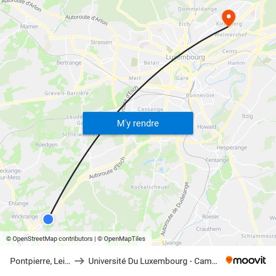 Pontpierre, Leideleng to Université Du Luxembourg - Campus Kirchberg map