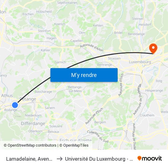 Lamadelaine, Avenue De La Gare to Université Du Luxembourg - Campus Kirchberg map