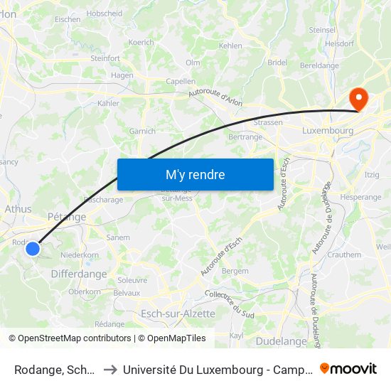 Rodange, Schwemm to Université Du Luxembourg - Campus Kirchberg map