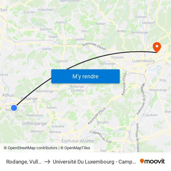 Rodange, Vullesang to Université Du Luxembourg - Campus Kirchberg map