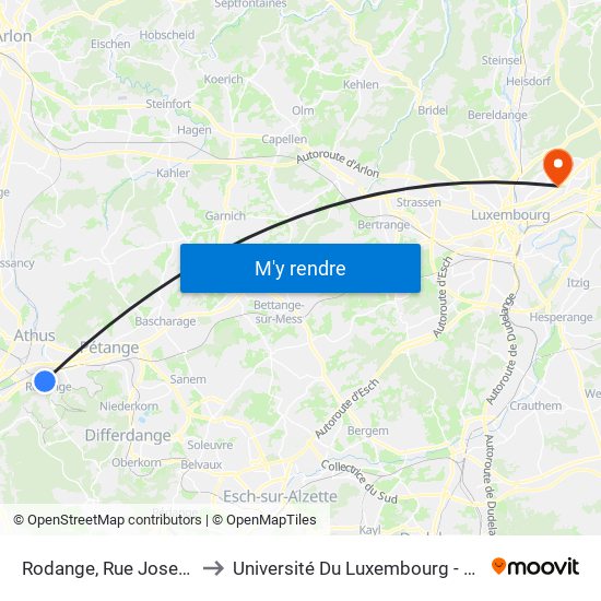 Rodange, Rue Joseph Moscardo to Université Du Luxembourg - Campus Kirchberg map