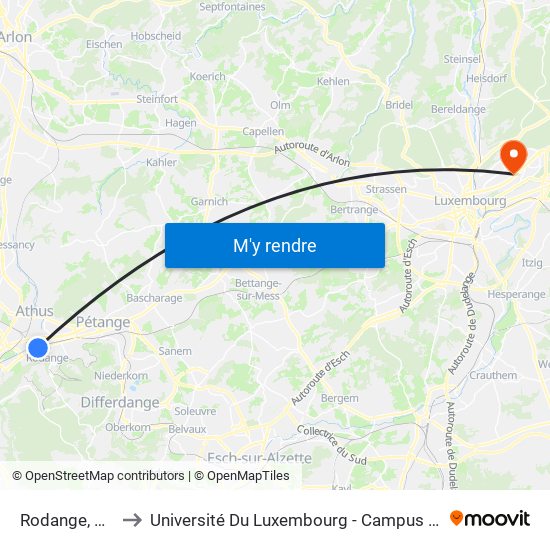 Rodange, Wissi to Université Du Luxembourg - Campus Kirchberg map
