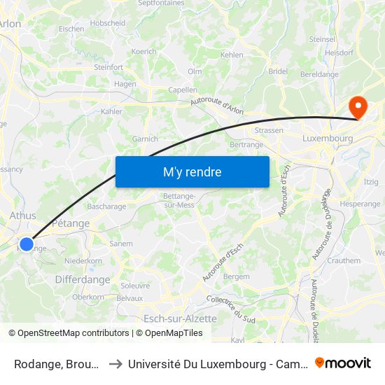 Rodange, Brouckerwee to Université Du Luxembourg - Campus Kirchberg map