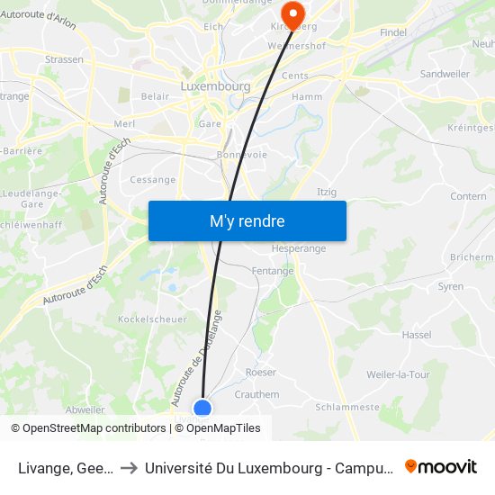 Livange, Geespelt to Université Du Luxembourg - Campus Kirchberg map