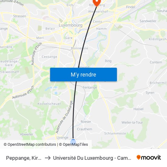 Peppange, Kirchwois to Université Du Luxembourg - Campus Kirchberg map